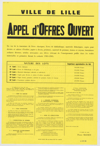 Fourniture de livres et de matériel scolaire. Appel d'offres ouvert le mercredi 2 mai 1984.