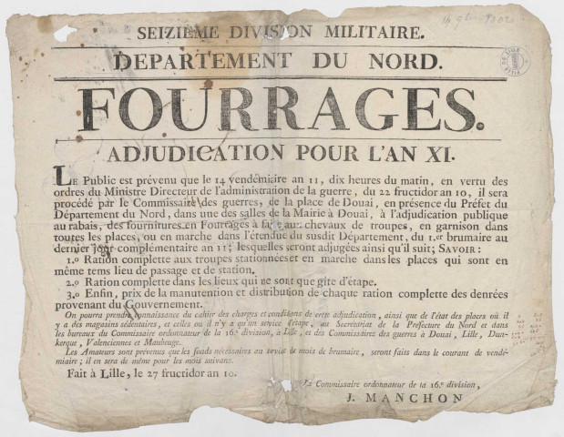 Douai. Fourniture du fourrage. Mise en adjudication.