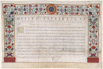 Diplôme de fondateur délivré par Mulius Vitellescus, prévôt général des Jésuite, à l'échevinage de Lille, bienfaiteur de la maison de Lille (06 avril 1618).