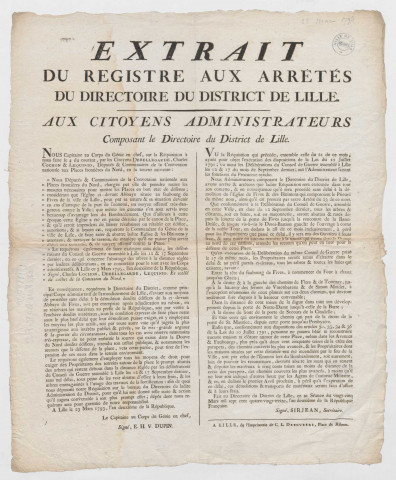 Extrait du registre aux arrêtés du directoire du district de Lille