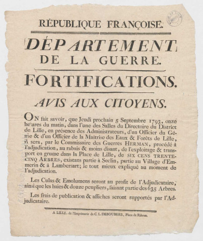 Lille, salle du directoire du district. Adjudication du transport en grume dans la place de Lille de 635 arbres depuis Seclin, Emmerin et Lambersart qui seront utilisés pour le renforcement des fortifications.
