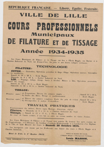 Ecole Baggio, Institut Industriel. Cours professionnels municipaux de filature et de tissage. Année 1934-1935.