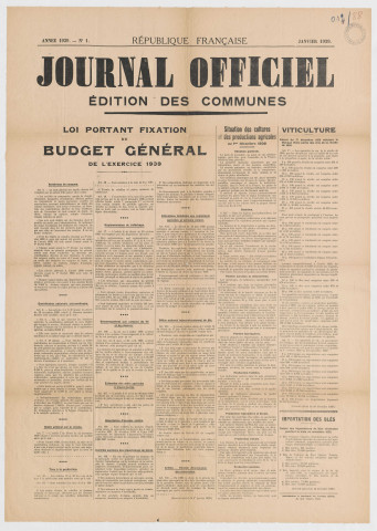 Journal Officiel. Edition des communes. Loi portant fixation du budget général de l'exercice 1939.