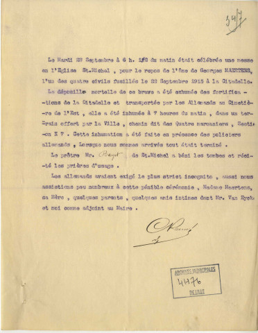 Note de Charles Rémy, adjoint au Maire, sur l'inhumation de Georges Maertens suite à son éxécution