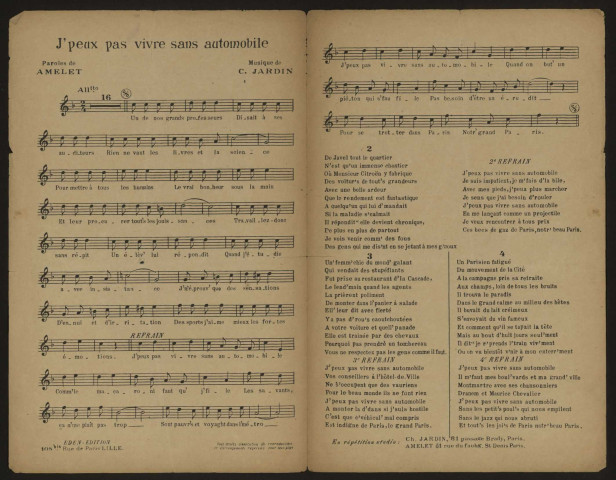 J'peux pas vivre sans automobile, paroles Amelet, musique C. Jardin