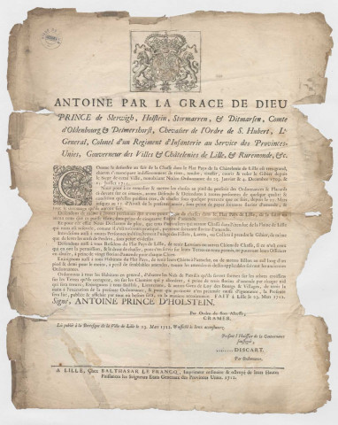 Proclamation d'Antoine d'Holstein, gouverneur de Lille,  concernant la chasse