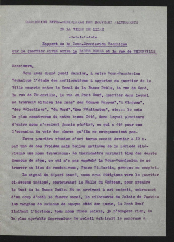 Rapport sur le quartier situé entre la Basse-Deûle et la rue de Thionville