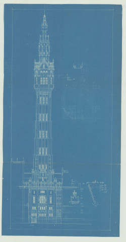 Suivi général des travaux : plans de situation, du beffroi, du sous-sol, du 3ème étage, du petit hall dont la toiture, du coffrage du grand hall dont la toiture, coupes (1920-1927). Plans du sous-sol (1937-1938).