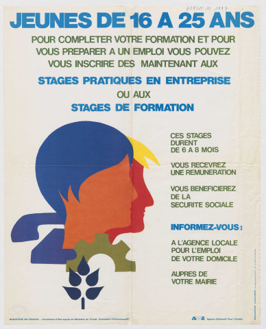 Ministère du travail. A.N.P.E. (Agence Nationale Pour l'Emploi). Jeunes de 16 à 25 ans : stages pratiques en entreprise ou stage de formation.