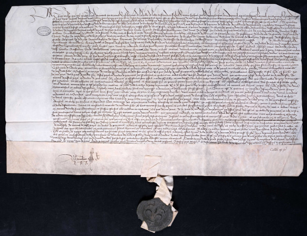 Mandement de Maximilien, duc de Bourgogne, adressé à divers personnages et à des échevinages dont celui de Lille, pour la ratification du traité de Sentis et pour les conférences devant se tenir à Lille, le 15 avril (24 mars 1483).