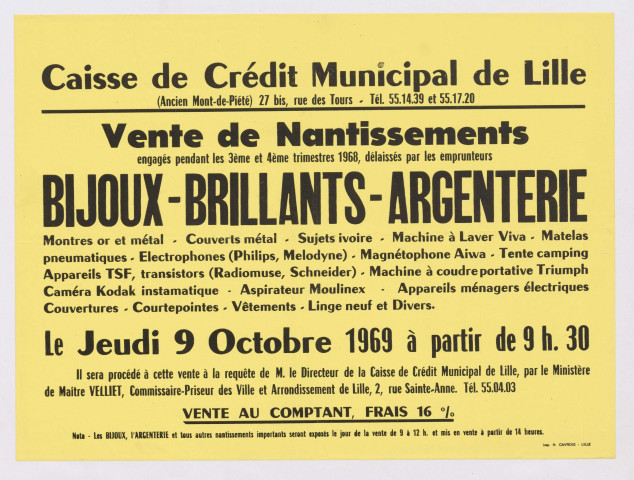 Caisse de crédit municipal de Lille (ancien Mont-de-Piété). Vente de nantissements engagés pendant les 3ème et 4ème trimestres 1968, délaissés par les emprunteurs.