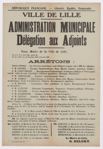 Administration municipale. Délégation des adjoints. Arrêté du 12 janvier 1921.