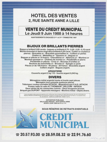 Crédit municipal de Lille. Le jeudi 9 juin 1988, vente aux enchères publiques de nantissements engagés pendant les 2ème et 3ème trimestres 1987.