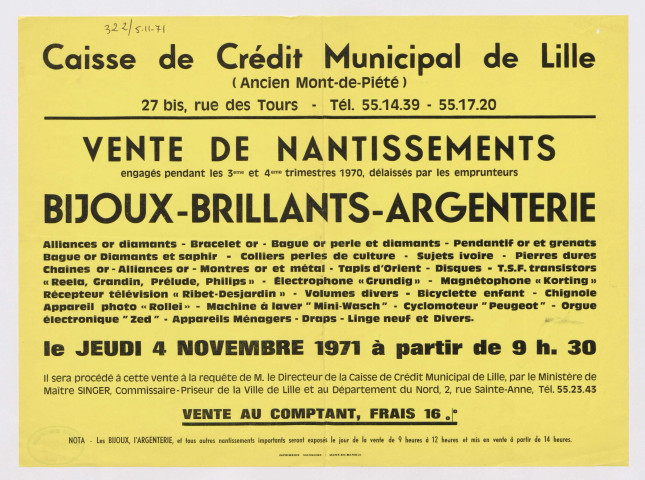 Caisse de crédit municipal de Lille. Vente de nantissements engagés pendant les 3ème et 4ème trimestres 1970, délaissés par les emprunteurs.