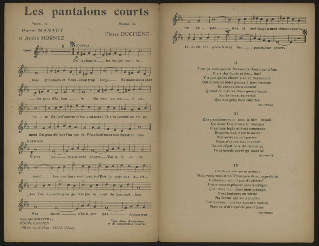 Les pantalons courts, paroles Pierre Manaut et André Hornez ,musique Pierre Duchêne