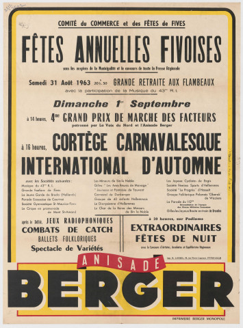 Fêtes annuelles fivoises organisées par le Comité du commerce et des fêtes de Fives sous les auspices de la municipalité. Cortège carnavalesque international d'automne