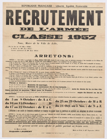 Recrutement de l'armée. Classe 1957. Arrêté du 27 septembre 1955.