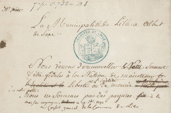 Réponse de la municipalité de Lille le 29 septembre 1792 - Archives municipales de Lille - 18053