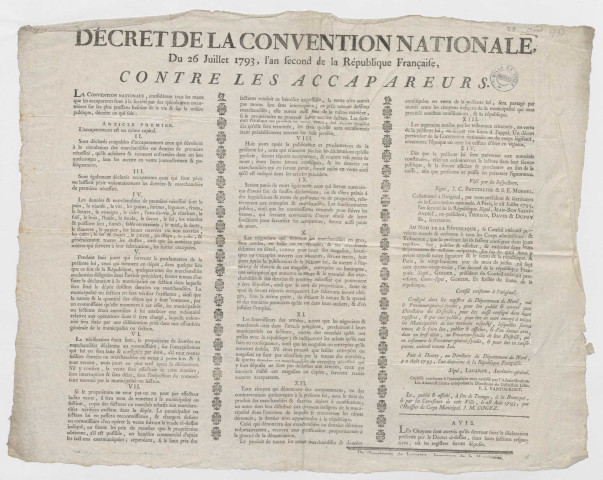 Décret de la Convention nationale du 26 juillet 1793 concernant la lutte contre les accapareurs