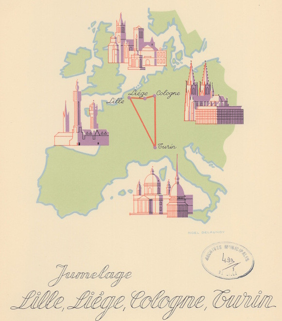 Affiche préparatoire au premier jumelage lillois avec Cologne en Allemagne, Liège en Belgique, Turin en Italie et Rotterdam aux Pays-Bas, Esch-sur-Alzette au Luxembourg. Archives municipales de Lille - 4D/5/3