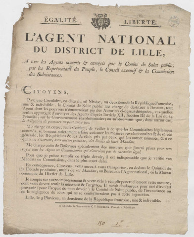 Adresse de l'agent national du district de Lille ayant trait à l'interdiction de la délégation de pouvoirs et à la règlementation des mandats ou commissions