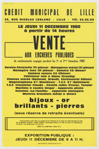 Caisse de crédit municipal de Lille. Vente aux enchères publiques de nantissements engagés pendant les 1er et 2ème trimestres 1980.