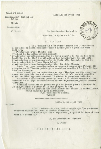 Rapport du commissaire Polet au sujet des évacuations des Lillois en avril 1916 vers les campages de la France occupée