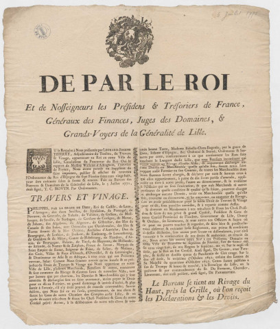 Réimpression de l'ordonnance du roi Philippe II d'Espagne du 7 février 1628 sur les droits de travers et vinage pour execution