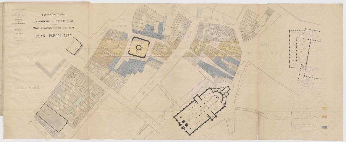 Projet d'ouverture de la rue de la gare. Plan, coupes et élévations de la rue de 25 mètres de largeur avec galeries.