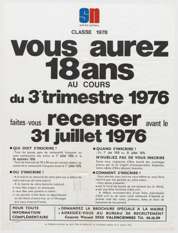 Service national. Recensement militaire.