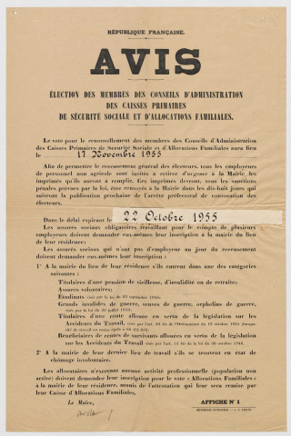 Election des membres des Conseils d'administration des Caisses Primaires de Sécurité Sociale et d'Allocations familiales le 17 novembre 1955.