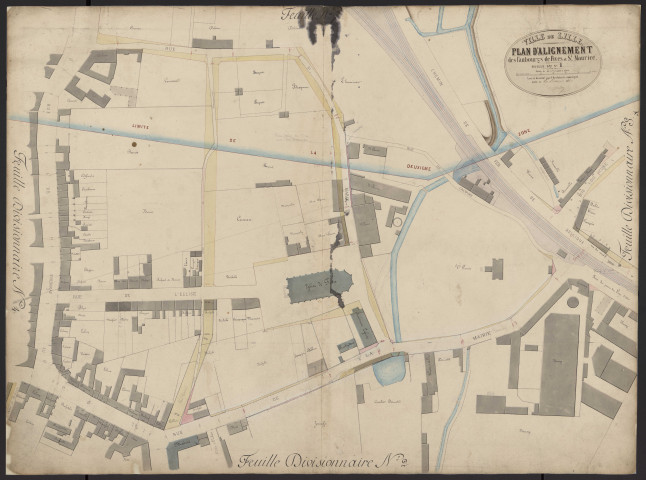Plan d'assemblage des plans d'alignement des faubourgs de Fives et Saint-Maurice levé et dessiné le 16 mars 1860 et plans d'alignements. Pièces numérotées 1 à 15. 16 pièces.