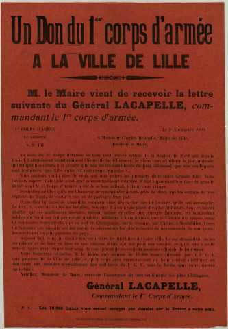 Libération. - Message du général Lacapelle, commandant du 1er corps d'armée, et don de 10 000 francs au profit des familles pauvres de Lille
