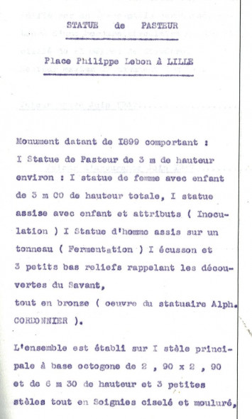 Descriptif du monument Pasteur, place Philippe Lebon - Archives municipales de Lille - 6D/23