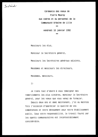 Vœux à la communauté urbaine de Lille. (Lille )