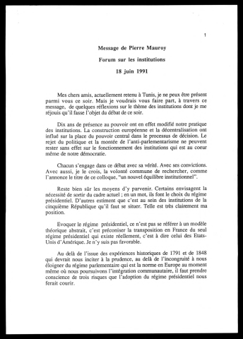 Message de Pierre Mauroy destiné au forum sur les institutions.