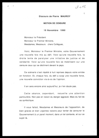 Motion de censure contre le gouvernement. (Paris)