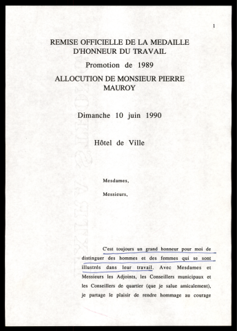 Cérémonie de remise officielle de la Médaille d'Honneur du travail. (Lille)