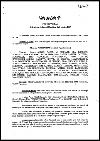 Conseil municipal du 8 octobre 2007.