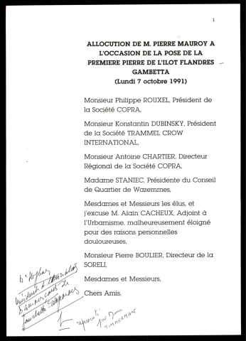 Poste de la première pierre de l'Ilot Flandres-Gambetta. (Lille)