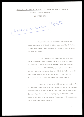 Remise de la médaille du mérite à Mme Adam. (Lille)