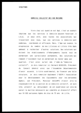 Présentation du domicile collectif des 400 maisons. (Lille)