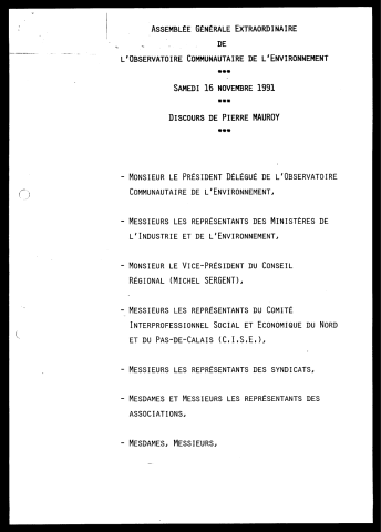 Assemblée générale extraordinaire de l'observatoire communautaire de l'environnement. (Lille)