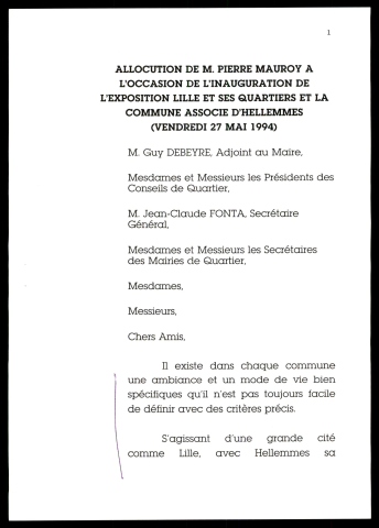 Inauguration de l'exposition Lille et ses quartiers et la commune d'Hellemmes. (Lille)
