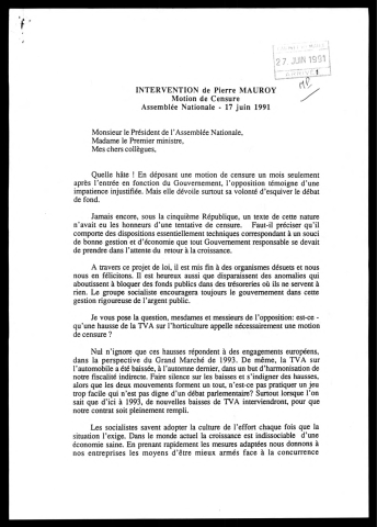 Intervention devant l'Assemblée Nationale sur le vote d'une motion de censure. (Paris)