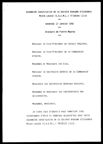 Assemblée Constitutive de la société anonyme d'économie mixte locale Trisélec Lille. (Lille)