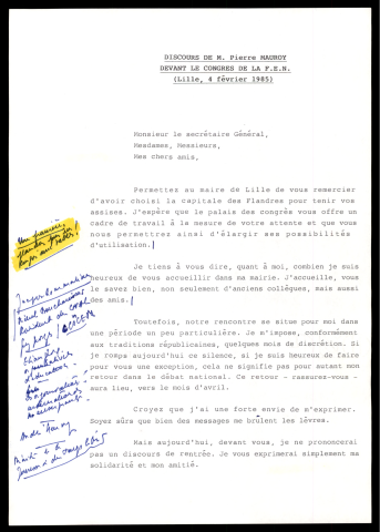 Réception du congrès de la fédération de l'éducation nationale (FEN). (Lille)