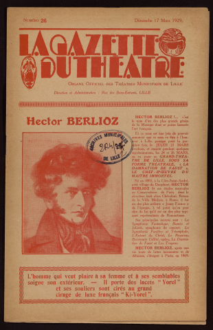 La gazette du théâtre, organe officiel des théâtres municipaux de Lille, n° 26, 17/03/1929.