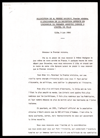 Réception en l'honneur de la délégation du parti communiste chinois. (Lille)