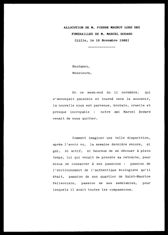 Funérailles de Marcel Bodard, conseiller municipal délégué. (Lille)